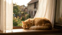 Ginger cat resting on windowsill with flowing curtains and blurred garden view, suitable for home decor, pet lifestyle, and relaxation themed projects.
