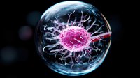 Glowing pink virus cell enclosed in transparent sphere with electric discharge effects on dark background, scientific visualization for medical research and education.
