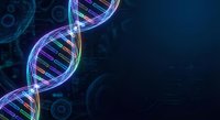 Digital DNA double helix structure with glowing neon colors on dark blue background for genetic research, biotechnology and medical science concepts.