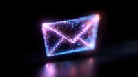 Glowing neon envelope icon with sparkles and particles floating in dark space, digital communication concept with purple and blue light effects.