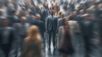 Professional businessman in dark suit standing confidently in busy urban environment with motion blur effect creating dynamic radial background for business concepts.