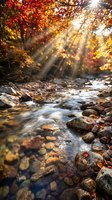 Sunbeams pierce through vibrant autumn foliage over flowing mountain stream with smooth rocks and fallen leaves creating peaceful nature scene.