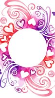 Watercolor hearts and swirls frame with white circle space for text. Romantic pink purple gradient background for Valentine's Day cards and love designs.