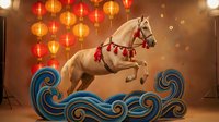 Golden horse leaping over stylized blue waves with red Chinese lanterns backdrop for Lunar New Year celebration and festive holiday decorations.