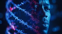 Young African American man's face illuminated in blue light with glowing DNA helix structure overlay creating futuristic scientific portrait with genetic concept visualization.