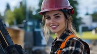 Young female construction worker wearing hard hat and plaid shirt smiles confidently at construction site, representing women in trades and workplace diversity.