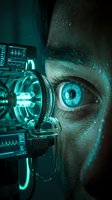 Close-up of male face with bright blue eye and futuristic neon technology device attached to head, displaying holographic data screens and glowing circuits for sci-fi, cyberpunk, and innovation concepts.