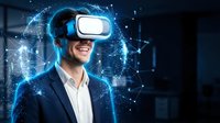Young businessman wearing VR headset surrounded by glowing digital network connections and data visualization effects in futuristic technology concept.