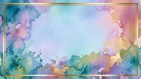 Watercolor paint splashes in pastel tones of pink, blue, yellow and green blend together on white background with gold frame border, suitable for backgrounds and design projects.