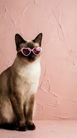 Siamese cat wearing pink heart-shaped sunglasses sitting against textured pink wall background for Valentine's Day themed pet photography and greeting cards.