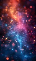 Magical glowing particles and bokeh lights creating cosmic atmosphere in pink and blue colors, abstract space background with sparkling stars and nebula.