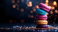 Colorful macarons stacked in creative composition with bokeh lights and sparkles on dark background, creating magical atmosphere for food photography.