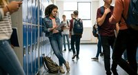 Young Hispanic female student leaning against blue school lockers in busy high school hallway during break time with diverse classmates walking nearby.