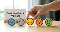 Hand selecting yellow smiley face from row of colorful emotion feedback icons on wooden desk for customer satisfaction survey and service rating.