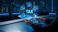 Businessman using digital tablet with TAX text and financial icons floating above screen. Modern technology for tax management and accounting services.