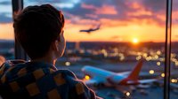 Young boy watching airplanes through airport terminal window at dramatic sunset, silhouette against orange sky with aircraft and city lights in background.