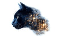 Double exposure profile of black cat head merged with misty forest at sunset, glowing sunlight filtering through pine trees creates magical atmosphere.