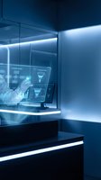 Futuristic retail checkout counter with holographic shopping interface and digital payment system displayed on glass screen in modern blue-lit store environment.