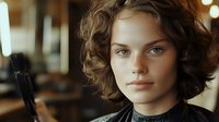 Young Caucasian woman with short curly brown hair and natural makeup gazes confidently at camera in warm ambient lighting, creating atmospheric portrait with bokeh background.