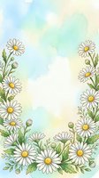 Watercolor daisy floral frame with soft pastel background, white chamomile flowers and green leaves forming a border with copy space.
