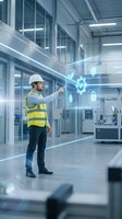 Industrial engineer in safety vest interacting with holographic digital interface displaying security icons in modern manufacturing facility.