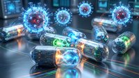 Futuristic medical capsules with glowing virus particles floating in digital healthcare environment for pharmaceutical research and biotechnology applications.