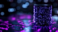 Glowing purple and blue LED lights create magical bokeh effect on dark background with illuminated cylindrical display showing digital patterns.