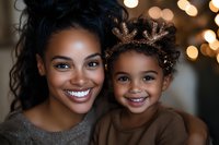 African American mother and daughter share joyful smiles during holiday season, little girl wearing reindeer antlers headband against warm bokeh lights background.