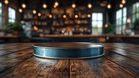 Empty metallic blue round tray on rustic wooden table in dark restaurant interior with bokeh lights and windows creating atmospheric dining ambiance.