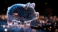 Glowing digital piggy bank silhouette with network connections and sparkles on dark background, symbolizing financial technology and digital savings concept.