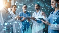 Medical professionals analyzing digital health data with futuristic interface overlay showing charts and network connections in modern healthcare setting.
