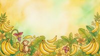 Watercolor illustration of tropical fruits and monkey among banana bunches and leafy foliage in warm yellow and green tones, suitable for children's book design, educational materials, and nature-themed graphics.