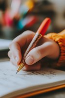 Female hand with natural manicure writing in notebook with decorative pen, wearing orange sweater. Soft focus close-up shot captures intimate journaling moment.