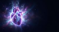 Human heart with cosmic energy and lightning effects in space for medical and science concepts.