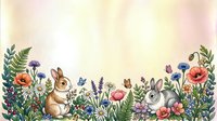 Young rabbits surrounded by wildflowers and botanical foliage in watercolor style, isolated on white background for design projects.
