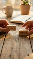Hands holding wooden blocks with Option A and Option B text representing business decision making and choice selection on rustic desk with coffee and notebook.
