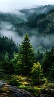 Misty morning fog drifting through evergreen forest in mountains, creating atmospheric layers among pine trees and rocky terrain.