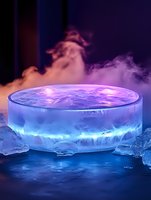 Glowing purple and blue liquid in round glass container with dry ice smoke effect and ice crystals creating mystical atmospheric composition for party decoration.