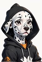 Stylized Dalmatian dog character wearing black hoodie and orange t-shirt, anthropomorphic animal portrait with expressive brown eyes and spotted fur pattern.