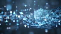 Digital healthcare security shield with medical cross symbol floating in cyber network environment with glowing data connections and bokeh lights.