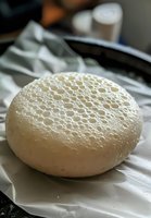 Fresh bread dough rising with bubbles forming on surface, photographed on white parchment paper in natural light, showing fermentation process.