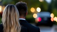 Young couple from behind at dusk with romantic bokeh lights creating dreamy atmosphere, blonde woman and man in formal attire sharing intimate moment outdoors.
