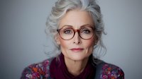 Elegant senior Caucasian woman with silver gray hair wearing stylish glasses and colorful sweater looking confidently at camera against neutral background.