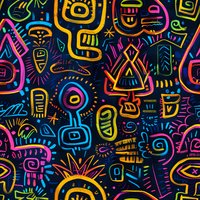 Vibrant neon tribal symbols on dark background create seamless pattern with abstract faces, geometric shapes and primitive art elements in pink, yellow and blue colors.