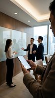 Business professional using tablet during corporate meeting in modern office conference room with colleagues presenting at whiteboard.