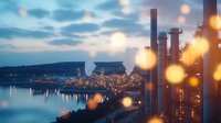Industrial waterfront at dusk with illuminated factory chimneys and smoke stacks reflecting on calm water surface, bokeh light effects in foreground create dreamy atmosphere.
