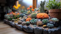 Diverse succulent garden arrangement in stone planters featuring orange flowers, blue-green echeveria rosettes, and tall cactus against dark background.