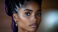 Young African American woman with natural makeup and gold earrings gazing confidently at camera against blurred background, showcasing beauty and elegance in soft lighting.