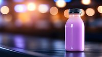 Pink smoothie or yogurt drink in glass bottle on dark surface with blurred bokeh lights background, fresh healthy beverage photography for menu or advertising.