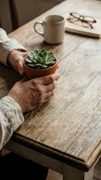 Senior woman hands holding small succulent plant in terracotta pot on rustic wooden table with coffee mug and reading glasses in cozy home setting.